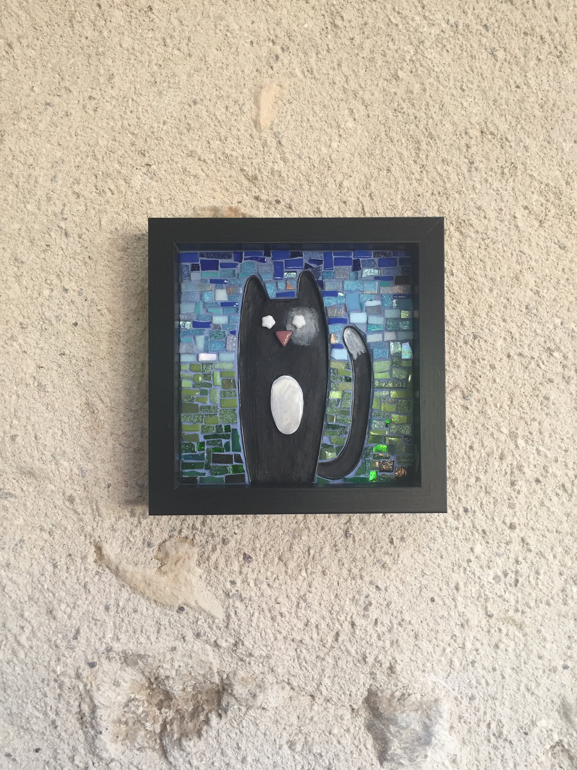 Mosaïque de Chat, Art Encadré Mur Mosaïque, Noir Chat Accrochant, Décor Médias Mélangés Fait Main Mu