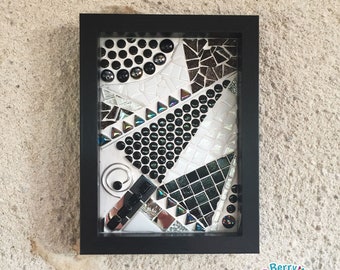 Mosaic wall art, black & white mosaic, mixed media art, monochrome wall art,framed mosaic, abstract art,black white mixed media,wall hanging