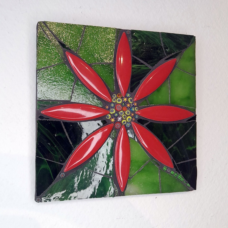 Flower wall panel, floral mosaic art decor, handmade gift, red flower art for wall, stained glass mosaic, wall hanging, mixed media artwork image 3