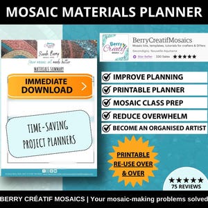 Mosaic Materials planner, beginner project printable, beginner checklist for mosaic tiles, grout and glue, Plan art Projects Confidently