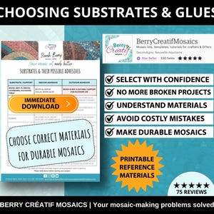 Choosing correct substrates and glues for durable mosaics, printable reference guide, indoor outdoor mosaics, beginner mosaic,adult learning