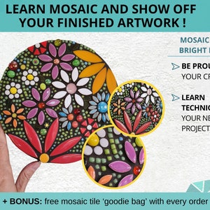 image with heading"Learn mosaic and show off your finish artwork!" below this heading is a phot of a finsihed floral mosaic kit, fully grouted with black grout, and a hand holding the side of it to show its scale of 20cm diameter. Smaller inset circles show some close-ups of the colorful mosaic tiles.