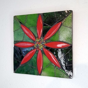 Flower wall panel, floral mosaic art decor, handmade gift, red flower art for wall, stained glass mosaic, wall hanging, mixed media artwork image 4