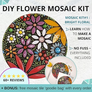 DIY flower mosaic kit for adults, diy mosaic kit flower design, floral mosaic kit, bright floral mosaic kit with glass tiles, make mosaic