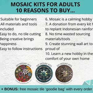 May include: A graphic with 10 reasons to buy mosaic kits for adults. The graphic includes a list of reasons, such as being a calming hobby, and a donation from each kit helps replant Indonesian rainforest. The graphic also includes three images of mosaic kits with the text "DIY Mosaic Kits".