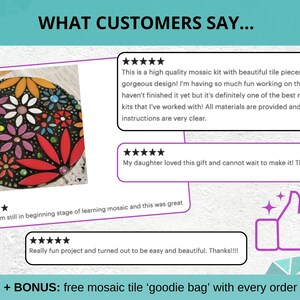 May include: Customer reviews for a mosaic tile kit. The kit includes colorful tiles and instructions. The reviews are all positive, with five stars and comments like "This is a high quality mosaic kit with beautiful tile pieces and a gorgeous design!" and "My daughter loved this gift and cannot wait to make it!"