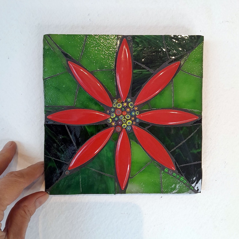 Flower wall panel, floral mosaic art decor, handmade gift, red flower art for wall, stained glass mosaic, wall hanging, mixed media artwork image 1