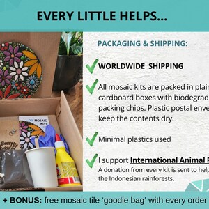 an image split in two parts - the left part showing an open kit box with finished example in the lid, and the contents of the mosaic kit in the box itself. On the right hand side of the image it lists the positive reasons to buy a kit including worldwide shipping, well packaged and that every kit sends a donation to International Animal Rescue to help replant the Indonesian rainforests.