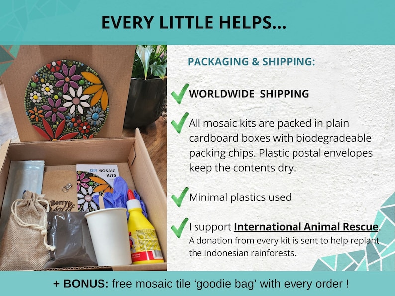 an image split in two parts - the left part showing an open kit box with finished example in the lid, and the contents of the mosaic kit in the box itself. On the right hand side of the image it lists the positive reasons to buy a kit including worldwide shipping, well packaged and that every kit sends a donation to International Animal Rescue to help replant the Indonesian rainforests.