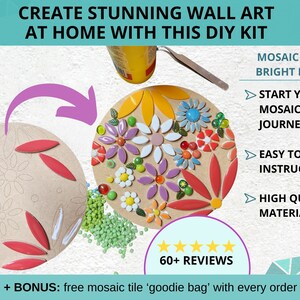 shows the mosaic kit in two stages, the left shows an empty wooden board with a few mosaic tiles and glue, the second stage shows most of the mosaic tiles glued, with some extratiles and bottle of glue around the outside edge