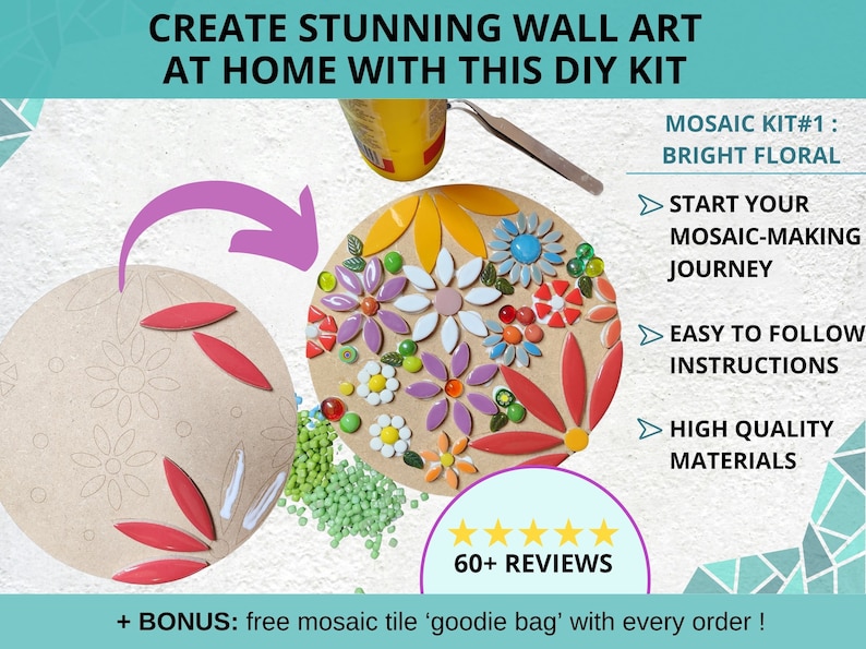shows the mosaic kit in two stages, the left shows an empty wooden board with a few mosaic tiles and glue, the second stage shows most of the mosaic tiles glued, with some extratiles and bottle of glue around the outside edge