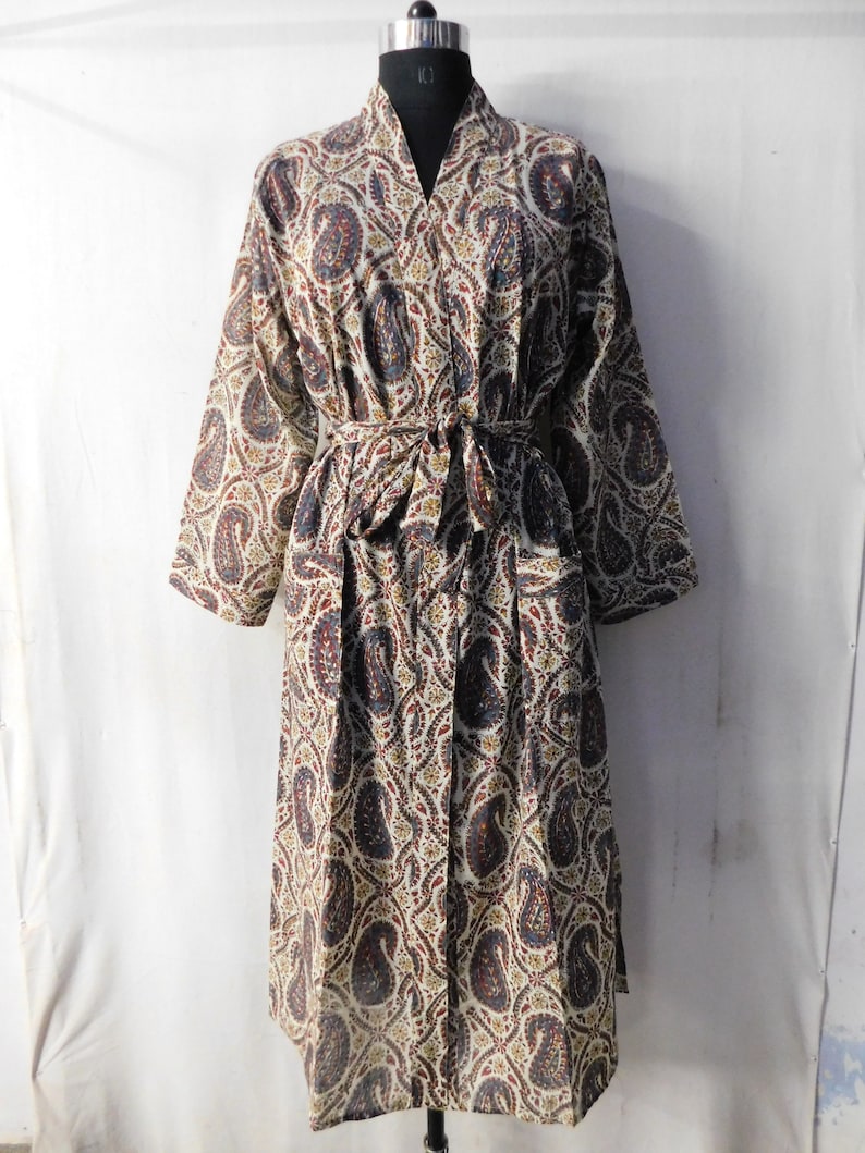 Women Cotton Paisley Print Long Kimono Designer Summer Beach Bathrobe Sleepwear Nightgown