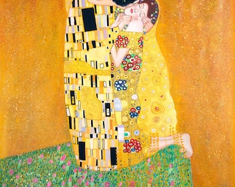 Hand-painted Replica &#39;The Kiss&#39; by Klimt, in oil on canvas.