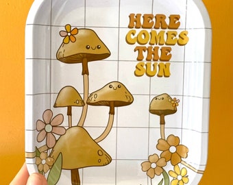 Here Comes the Sun, Cute metal rolling tray, metal tray, mushroom, trinket tray, catch all tray