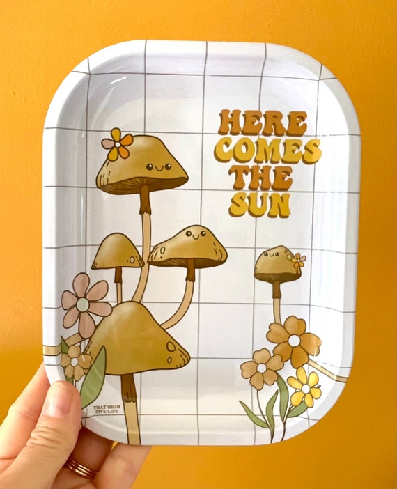 Here Comes the Sun, Cute metal rolling tray, metal tray, mushroom, trinket tray, catch all tray