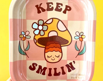 Pink Keep Smilin' Rolling Tray, Cute Tray, Mushroom Tray, Trinket Tray