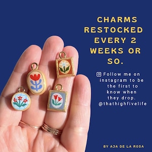 May include: Four small gold-toned charms with hand-painted floral designs in red, blue, and white. The charms are round and square-shaped, each featuring a small loop at the top. Text on the right reads: CHARMS RESTOCKED EVERY 2 WEEKS OR SO.
