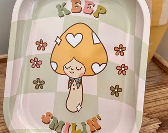 SALE!! Cute Rolling Tray, Mint Green Trinket Tray, Keep Smilin' Mushroom Tray