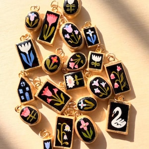 Tiny Gold Clay Charms in black, Ceramic Charms, Handmade and Hand Painted