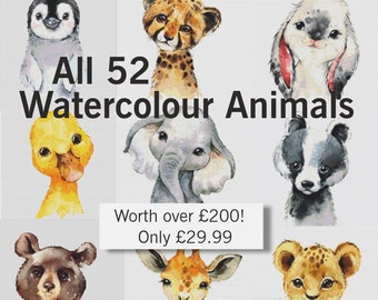 All 52 Watercolour Animals Bundle -  Downloadable Cross Stitch Charts - PDF Patterns, Digital, Counted Cross Stitch