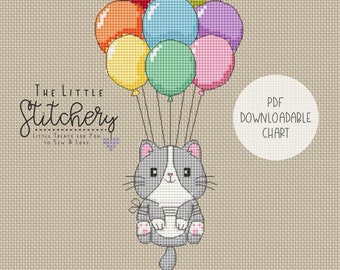 Kitty Balloons - Downloadable Cross Stitch Chart - PDF Pattern, Digital, Counted Cross Stitch