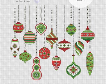 Christmas Baubles - Red Green - Downloadable Cross Stitch Chart - PDF Pattern, Digital, Counted Cross Stitch