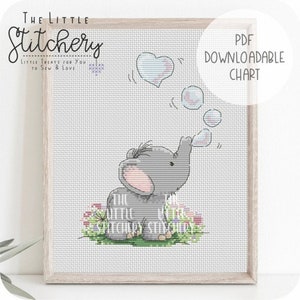 Blowing Bubbles Elephant - Downloadable Cross Stitch Chart - PDF Pattern, Digital, Counted Cross Stitch