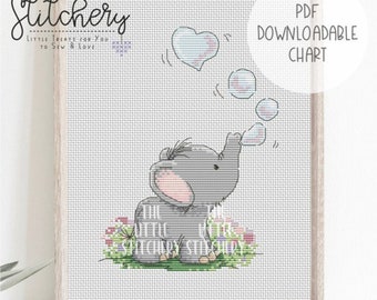 Blowing Bubbles Elephant - Downloadable Cross Stitch Chart - PDF Pattern, Digital, Counted Cross Stitch