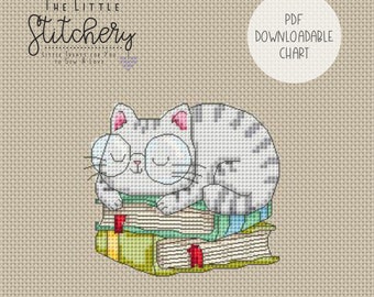 Kitty Books - Downloadable Cross Stitch Chart - PDF Pattern, Digital, Counted Cross Stitch