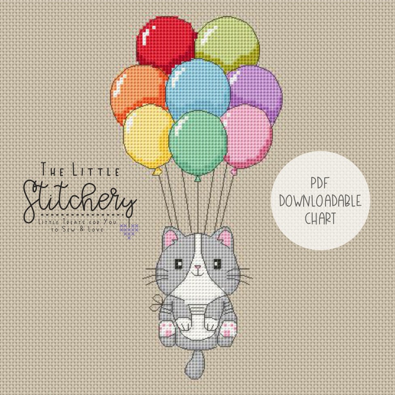 Kitty Balloons Downloadable Cross Stitch Chart PDF Pattern, Digital, Counted Cross Stitch image 1