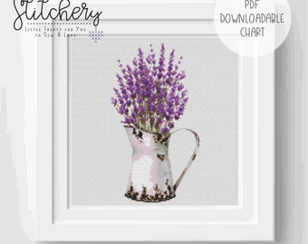 Watercolour Flowers - Lavender Downloadable Cross Stitch Chart - PDF Pattern, Digital, Counted Cross Stitch