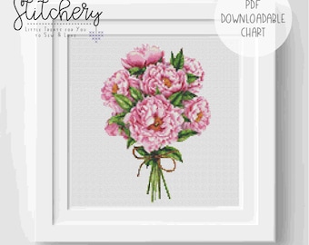 May include: A cross stitch pattern featuring a bouquet of pink peonies tied with a brown ribbon. The pattern is framed in a white frame with the text "THE LITTLE Stitchery LITTLE TREATS for YOU to STITCH & LOVE" and "PDF DOWNLOADABLE CHART".
