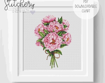 Watercolour Flowers - Peonies Downloadable Cross Stitch Chart - PDF Pattern, Digital, Counted Cross Stitch