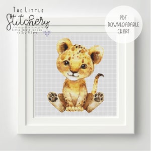 Lion Cub Sitting Downloadable Cross Stitch Chart - PDF Pattern, Digital, Counted Cross Stitch