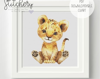 Lion Cub Sitting Downloadable Cross Stitch Chart - PDF Pattern, Digital, Counted Cross Stitch