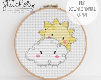 Sun and Cloud - Kawaii Downloadable Cross Stitch Chart - PDF Pattern, Digital, Counted Cross Stitch