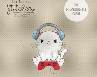 Kitty Gamer - Downloadable Cross Stitch Chart - PDF Pattern, Digital, Counted Cross Stitch