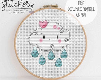 Rain Cloud - Kawaii Downloadable Cross Stitch Chart - PDF Pattern, Digital, Counted Cross Stitch