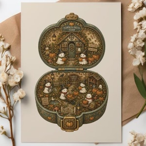 May include: A rectangular print featuring an open, ornate, oval-shaped container illustration. Inside, small ghost figures in hats gather pumpkins at a Pumpkin Patch Farm. The design includes intricate foliage, a small house, and a fence in earthy tones.