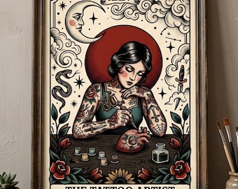 The Tattoo Artist Tarot Card Print, Traditional Tattoo Flash Wall Art, Neo Traditional Tattoo Decor, Major Arcana, Gift for Tattoo Artist