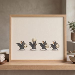 May include: A framed horizontal print featuring four small, dark gray cartoon bats running in a line. Each bat is holding a roll of white toilet paper. The illustration is set against a plain, light cream-colored background within a light wood frame.