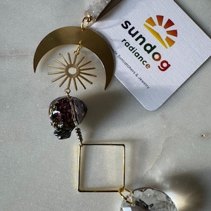 Moon and Sun Suncatcher with Druzy Quartz, Crystal Skull, & Glass Crystal |  Spiritual Window Decor | Celestial Rainbow Maker | Sun Catcher