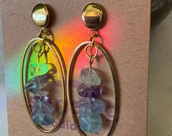 Rainbow Fluorite Hoop Earrings: Gold Dangle Crystal Jewelry