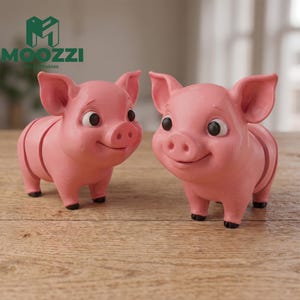 Könnte beinhalten: Zwei rosa Schweinefiguren mit großen schwarzen Augen und kleinen schwarzen Hufen. Jedes Schwein hat einen glatten, abgerundeten Körper mit sichtbaren 3D-Druckschichten. Die Schweine stehen nebeneinander und haben ein lächelndes Gesicht.