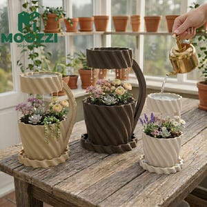 May include: Three spiral-patterned planters in beige, brown, and white, filled with flowers and succulents. A golden watering can pours water into one planter. The planters sit on a weathered wooden table, with terracotta pots in the background.