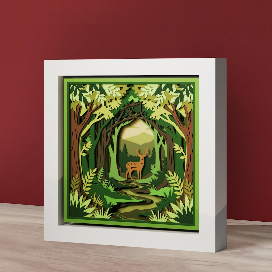 3D Forest Deer Landscape Shadow Box Svg File Layered Paper Cut Deer ...
