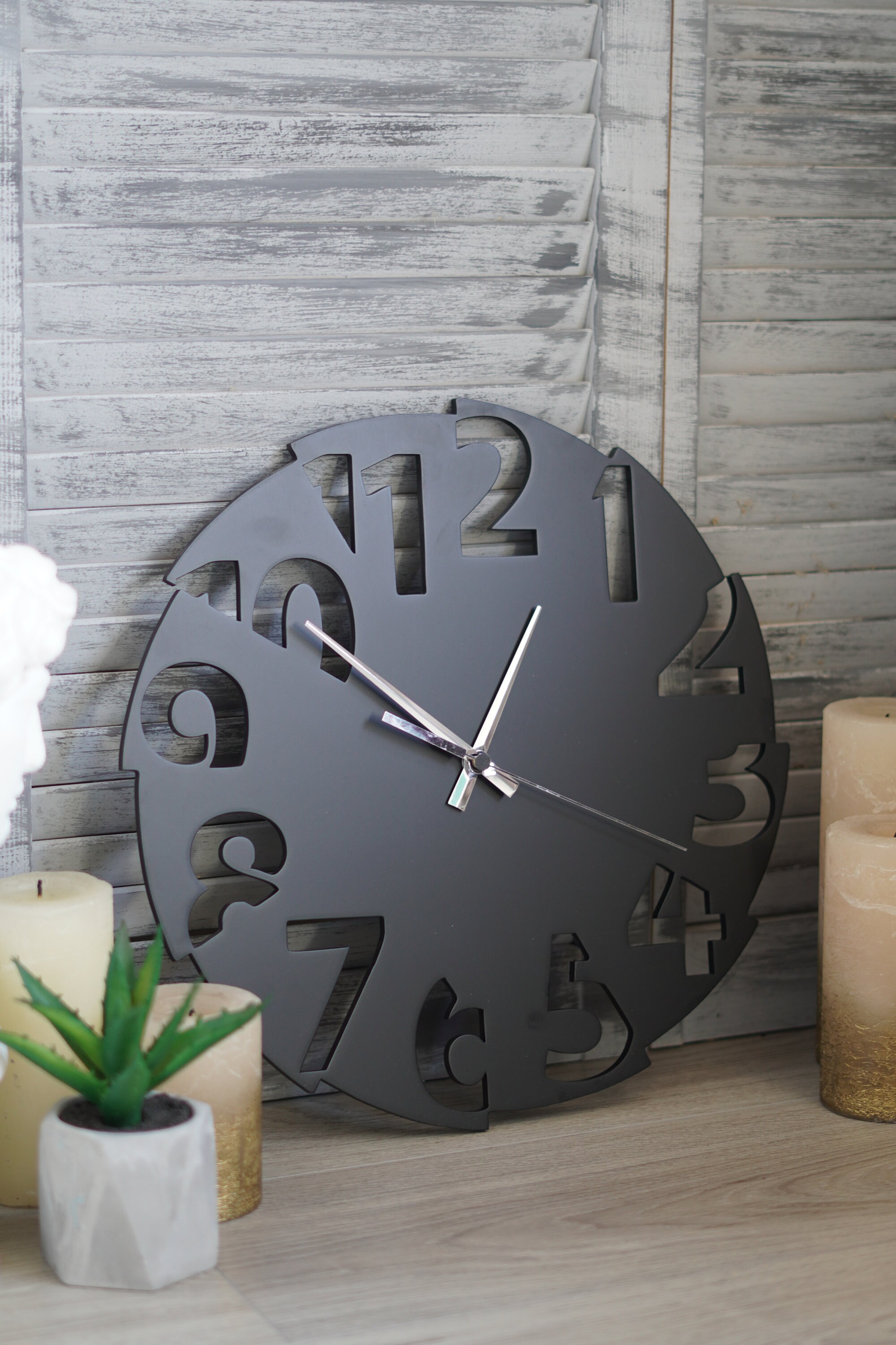 Black Wall Clock Minimalist Wood Large Wall Clock Silent Wall Etsy