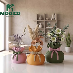 Può includere: Tre vasi arrotondati a forma di sacchetto con coulisse, ognuno dotato di un fiocco decorativo. Il vaso a sinistra è rosa chiaro con un fiocco verde, quello centrale è arancione con un fiocco crema e quello a destra è verde scuro con un fiocco rosa chiaro.