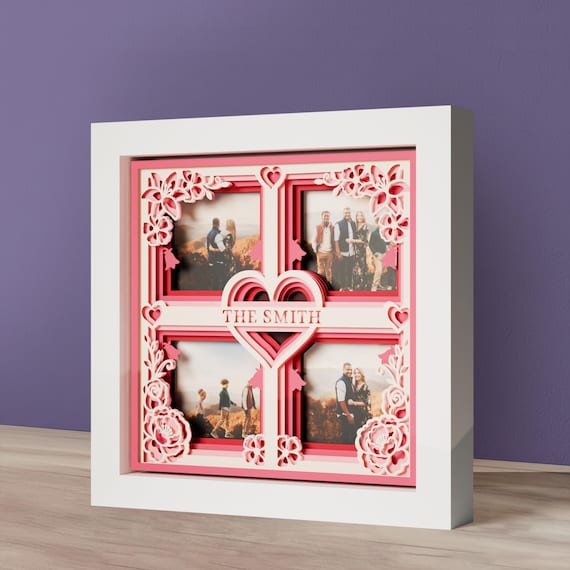 Personalized Family Heart Shadow Box Svg File Layered Photo Frame Svg Paper Craft Design Wedding & Anniversary Gift SVG Cut File