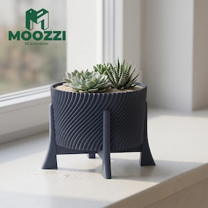 Maceta espiral impresa en 3D (archivo STL) con soporte para suculentas y base, estilo bohemio.